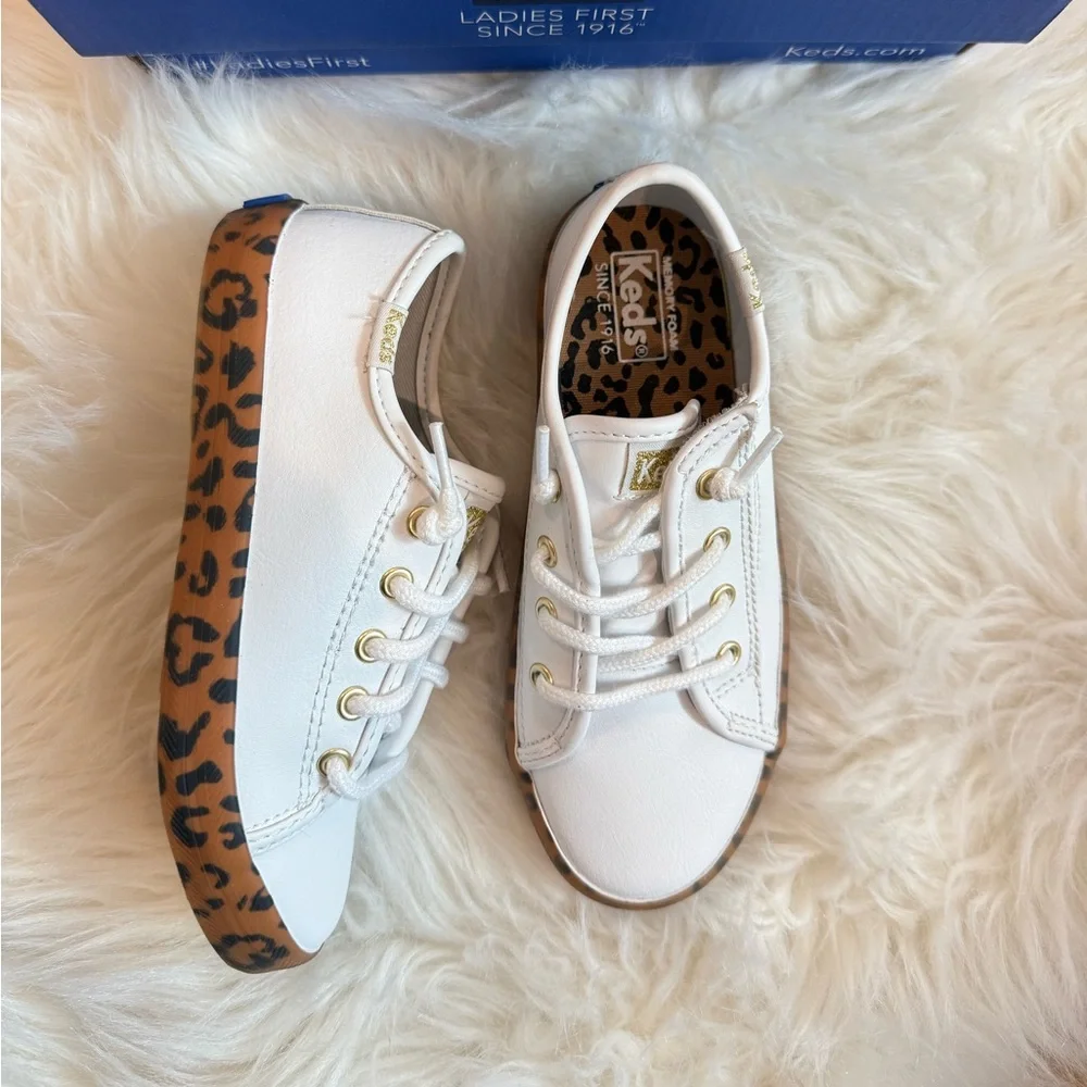 NEW Kids Keds White Sneakers with Leopard Accents - Picture 1 of 10